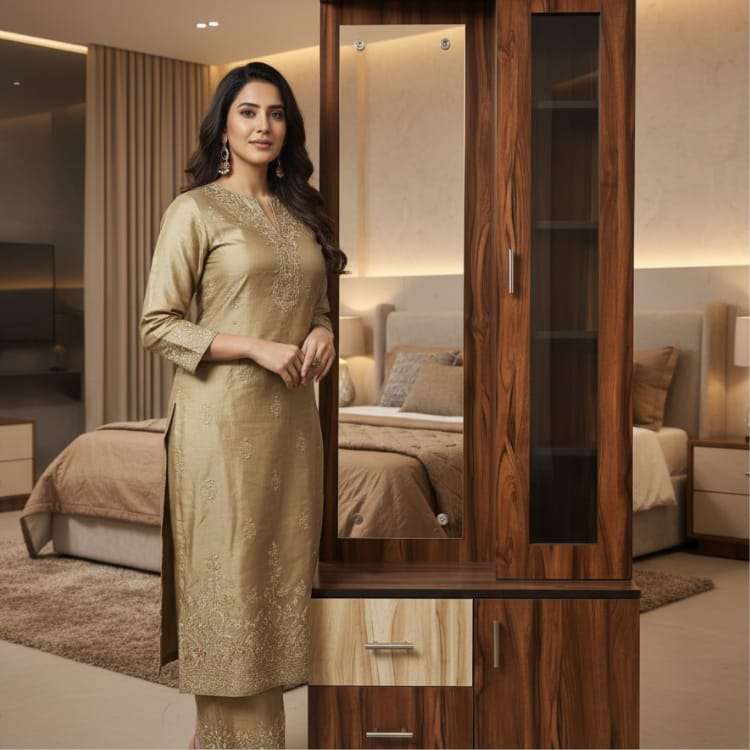 Teak and Light Wood Dressing Table with Mirror and Storage